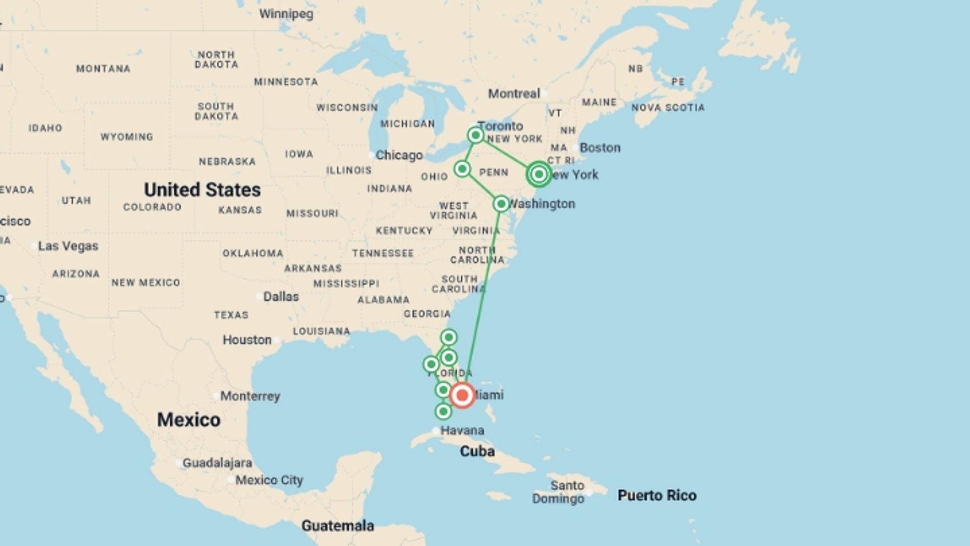A map showing the tour itinerary for the trip: North to South New York to Miami - 13 days , starting in New York, USA and ending in Miami, USA going through 8 other destinations.