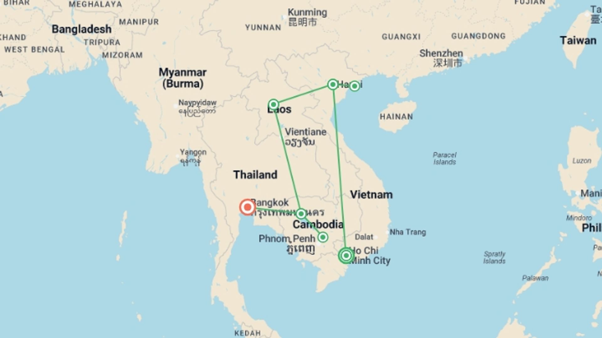 A map showing the tour itinerary for the trip: Secrets of Southeast Asia - 16 days, starting in Ho Chi Minh City, Vietnam and ending in Bangkok, Thailand going through 5 other destinations.