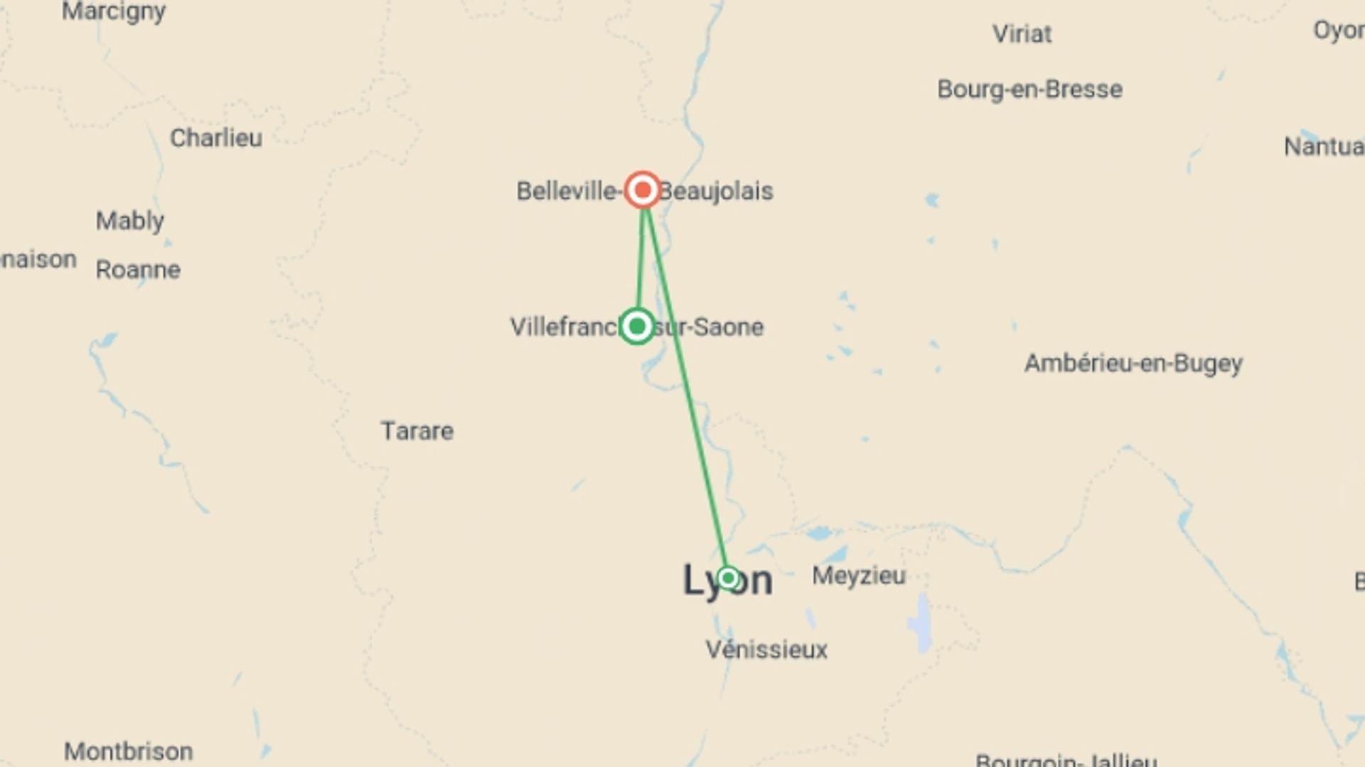 A map showing the tour itinerary for the trip: Food and Wine in a French Chateau, starting in Villefranche-sur-Saone, France and ending in Beaujolais, France going through 2 other destinations.