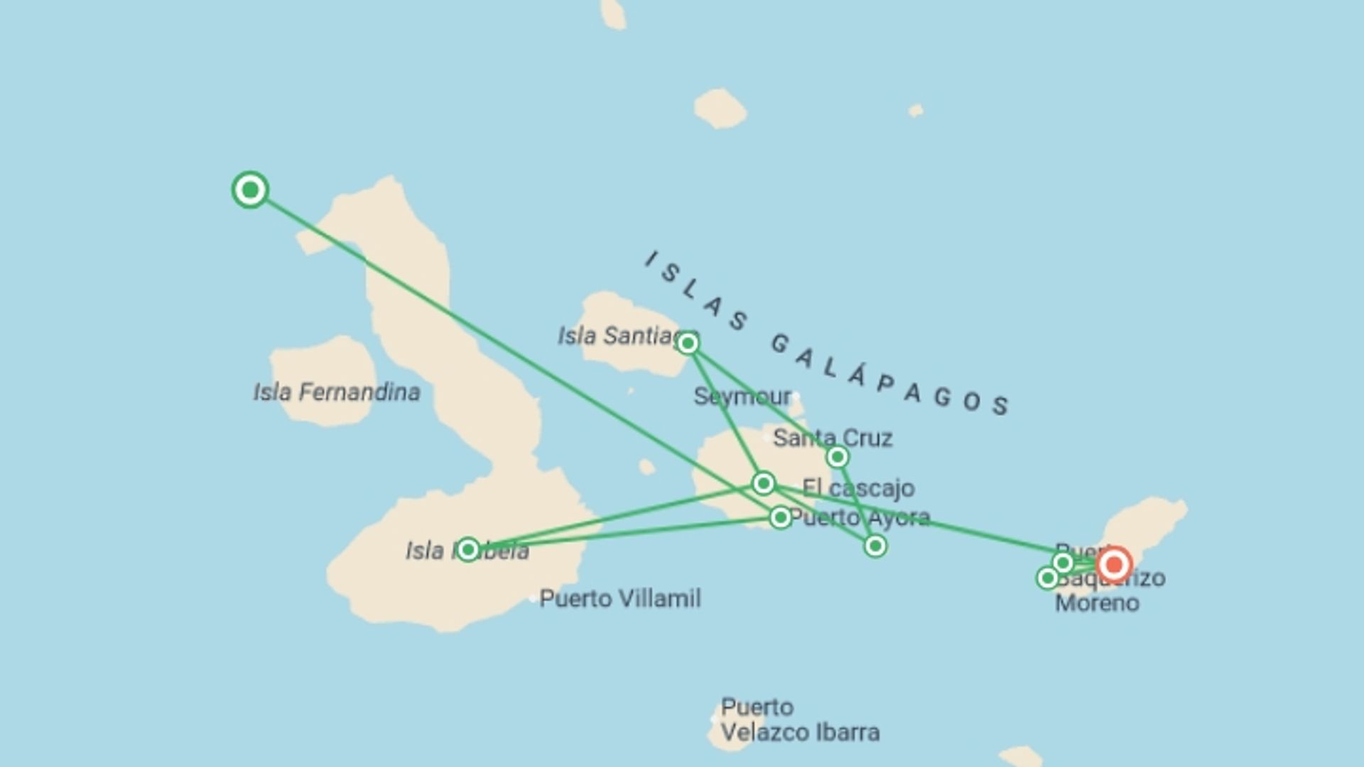 A map showing the tour itinerary for the trip: Galapagos Island Hopping Adventure 7D/6N, starting in Galapagos Islands, Ecuador and ending in San Cristobal Island, Ecuador going through 3 other destinations.