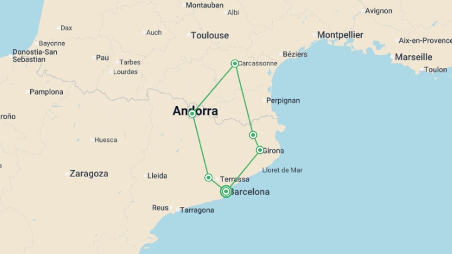 A map showing the tour itinerary for the trip: Catalonia, South of France and Andorra, starting in Barcelona, Spain and ending in Barcelona, Spain going through 2 other destinations.