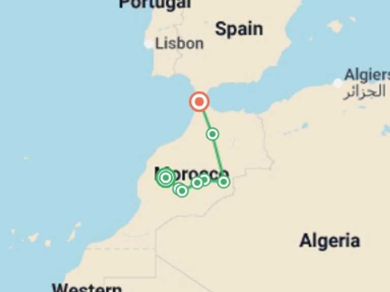 Map of Mediterranean Tour with 5 destination visits for the trip: From Marrakesh to Tangier