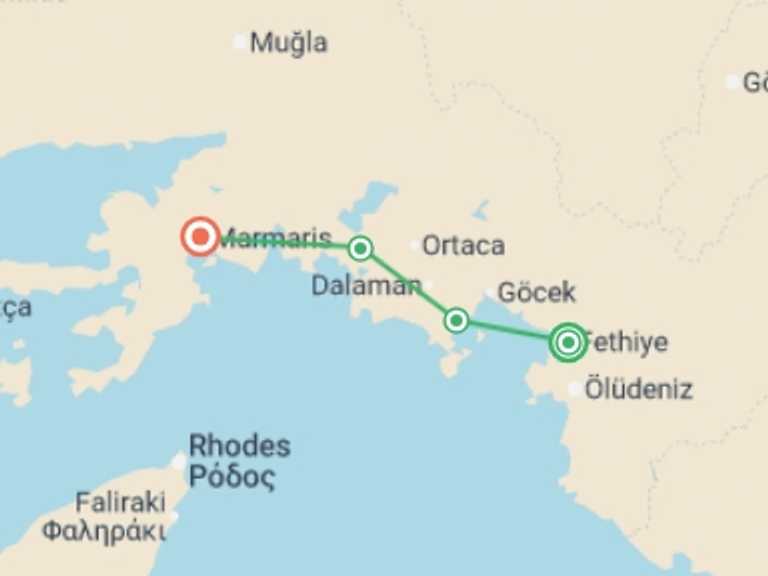 Map itinerary of Europe Tour in May 2026 with 4 destination visits for the trip: Gocek Explorer Fethiye to Marmaris