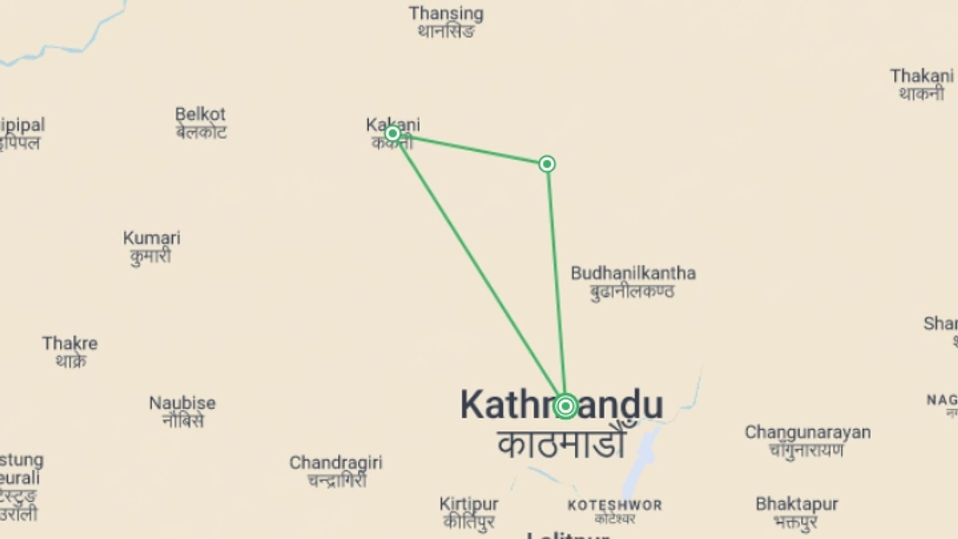A map showing the tour itinerary for the trip: Shivapuri Kakani Trek - Camping Adventure, starting in Kathmandu, Nepal and ending in Kathmandu, Nepal going through 1 other destinations.