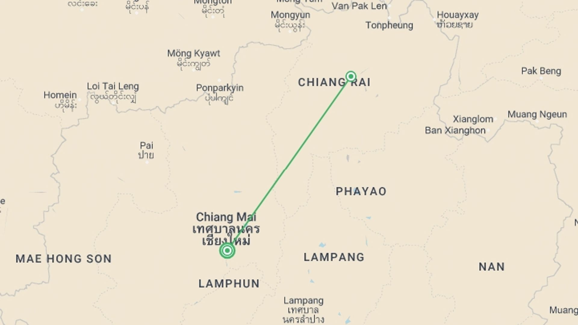 A map showing the tour itinerary for the trip: Chiang Mai To Chiang Rai, Small Group Tour, starting in Chiang Mai, Thailand and ending in Chiang Mai, Thailand going through 1 other destinations.