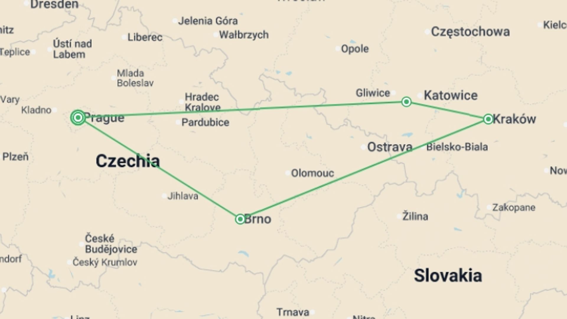 A map showing the tour itinerary for the trip: The Best of Czchia and Poland, starting in Prague, Czech Republic and ending in Prague, Czech Republic going through 3 other destinations.