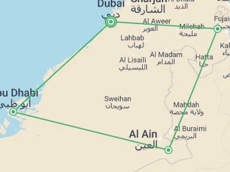 Map itinerary of Dubai Tour in December 2025 with 4 destination visits for the trip: Dubai and the best of the United Arab Emirates