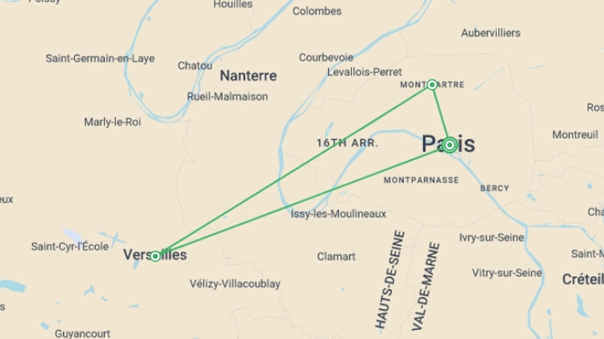 A map showing the tour itinerary for the trip: Spotlight on Paris , starting in Paris, France and ending in Paris, France going through 2 other destinations.