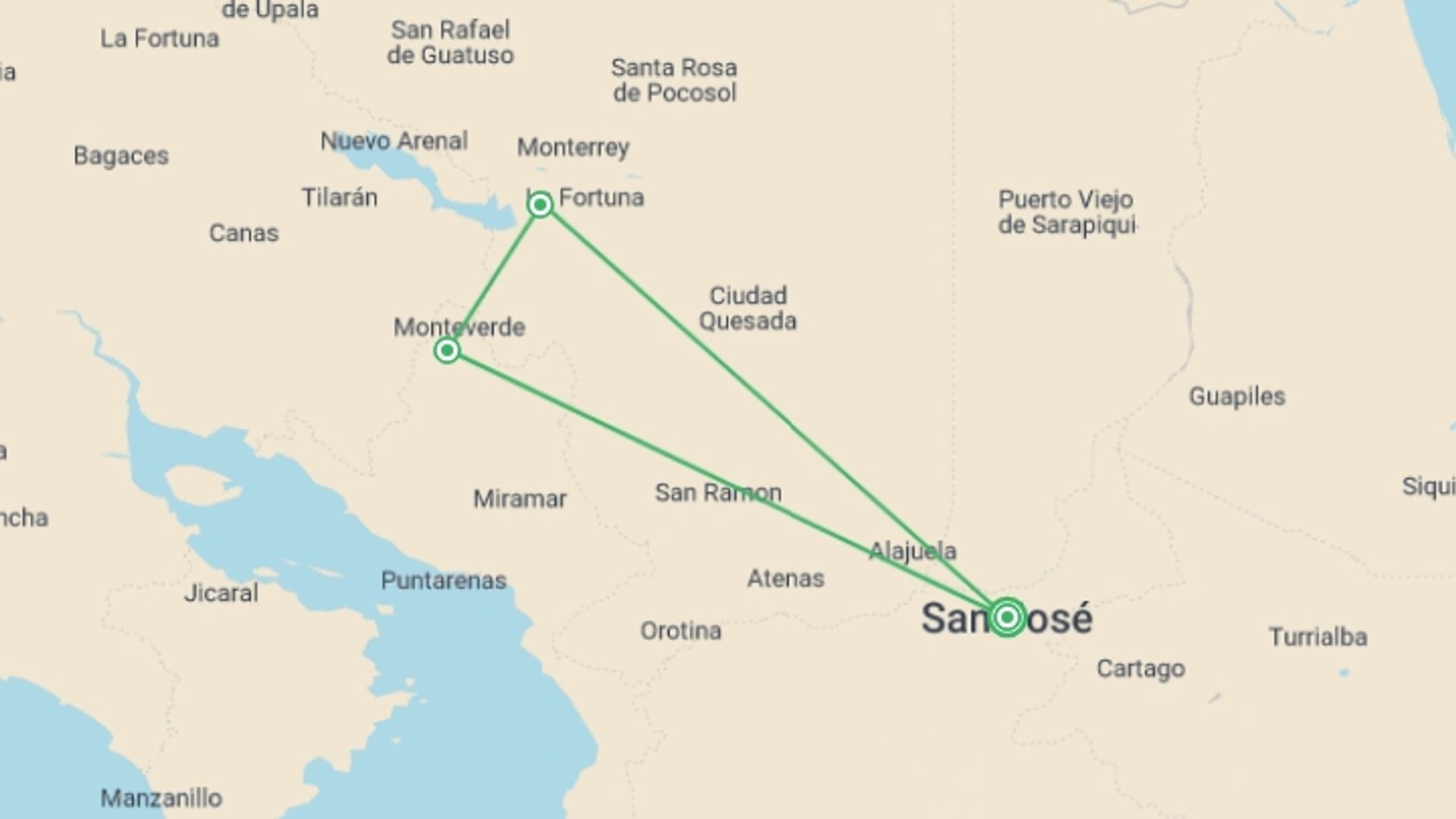 A map showing the tour itinerary for the trip: Raft, Hike and Explore Costa Rica, starting in San Jose, Costa Rica and ending in San Jose, Costa Rica going through 4 other destinations.
