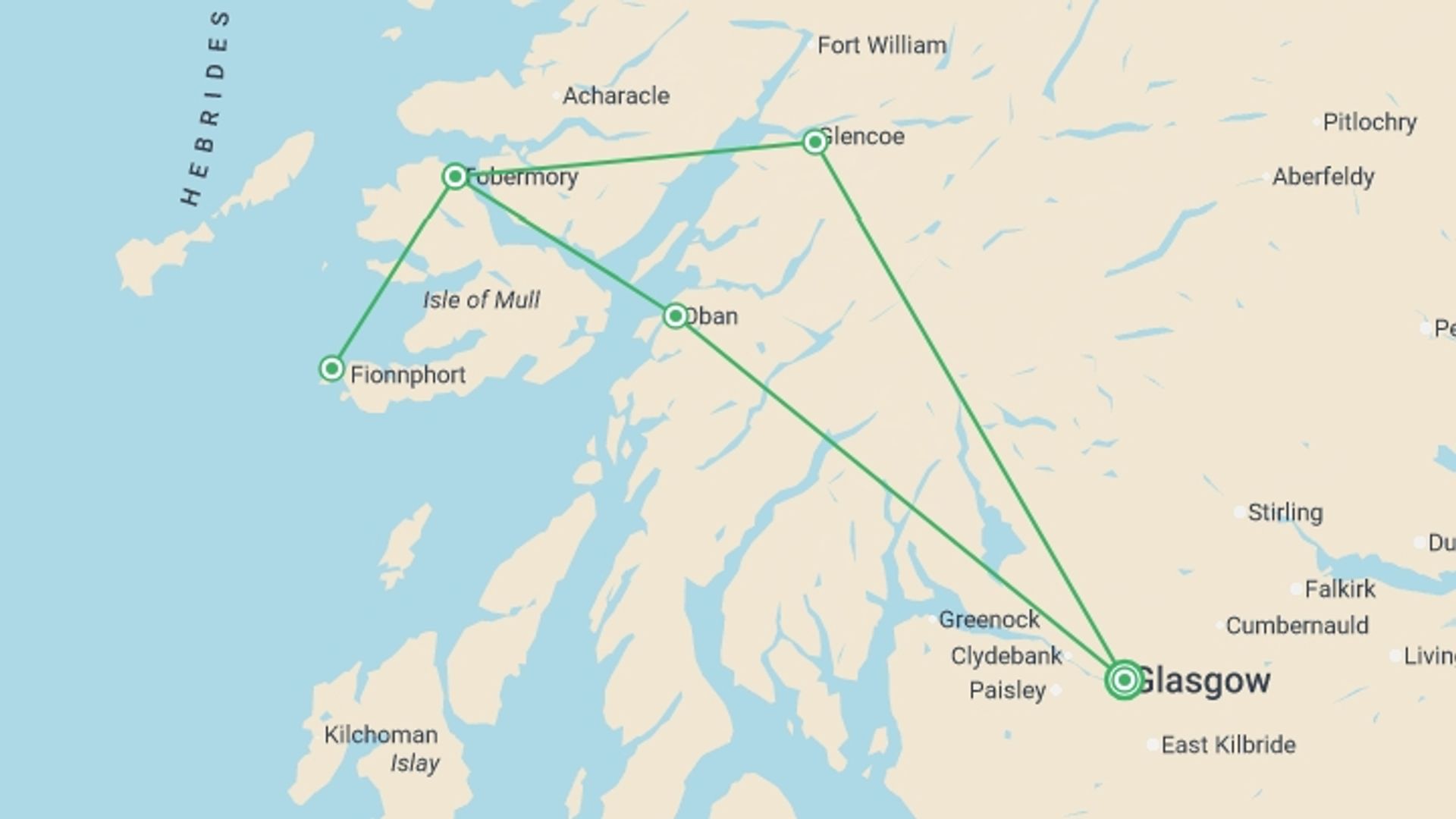 A map showing the tour itinerary for the trip: Magic Mull From Glasgow - 3 days, starting in Glasgow, Scotland and ending in Glasgow, Scotland going through 1 other destinations.