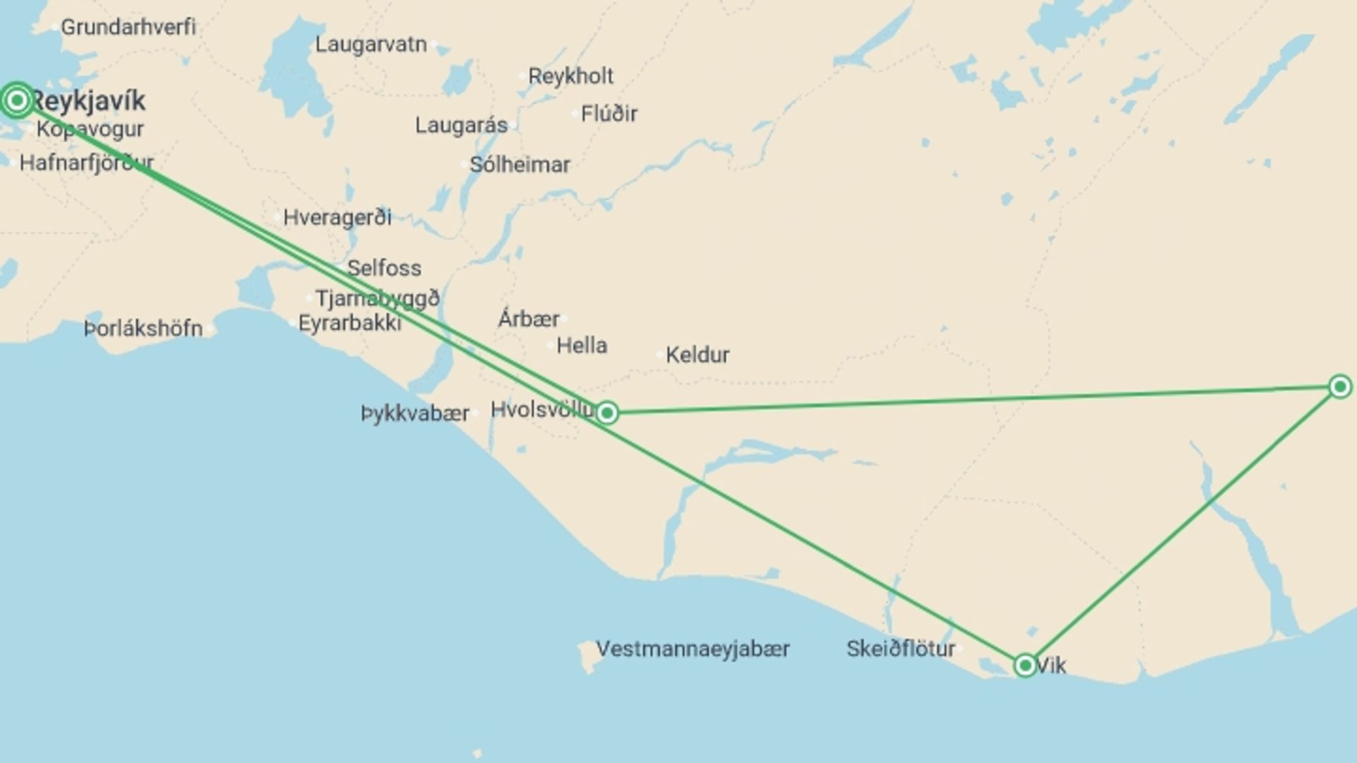 A map showing the tour itinerary for the trip: Iceland Fire and Ice 35 to 45, starting in Reykjavik, Iceland and ending in Reykjavik, Iceland going through 3 other destinations.