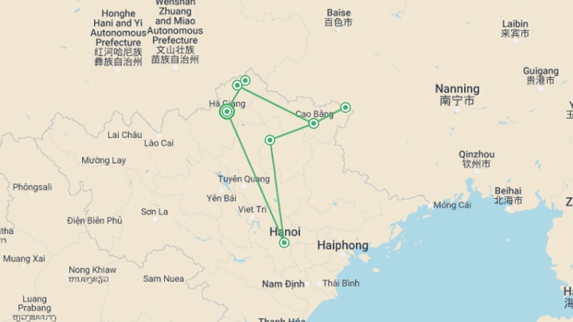 A map showing the tour itinerary for the trip: Off The Beaten Path North Vietnam 6 Days 5 Nights, starting in Ha Giang, Vietnam and ending in Ha Giang, Vietnam going through 5 other destinations.