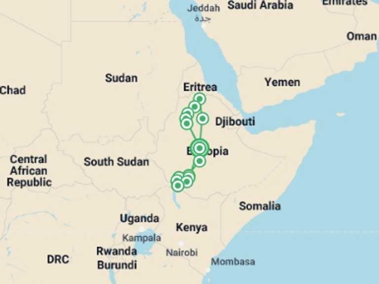 Map of Ethiopia Tour with 12 destination visits for the trip: Best of Ethiopia