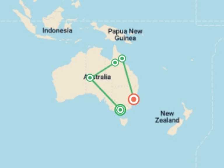 Map itinerary of Melbourne Tour in October 2025 with 6 destination visits for the trip: Australian Highlights