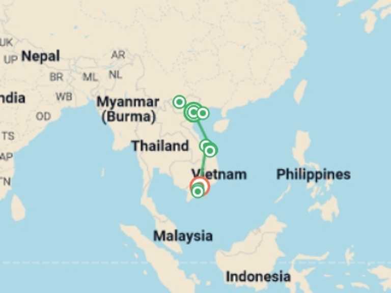 Map itinerary of Hanoi Tour in October 2026 with 8 destination visits for the trip: 14-day Majestic Vietnam Tour |  Magnificent | Best 2025