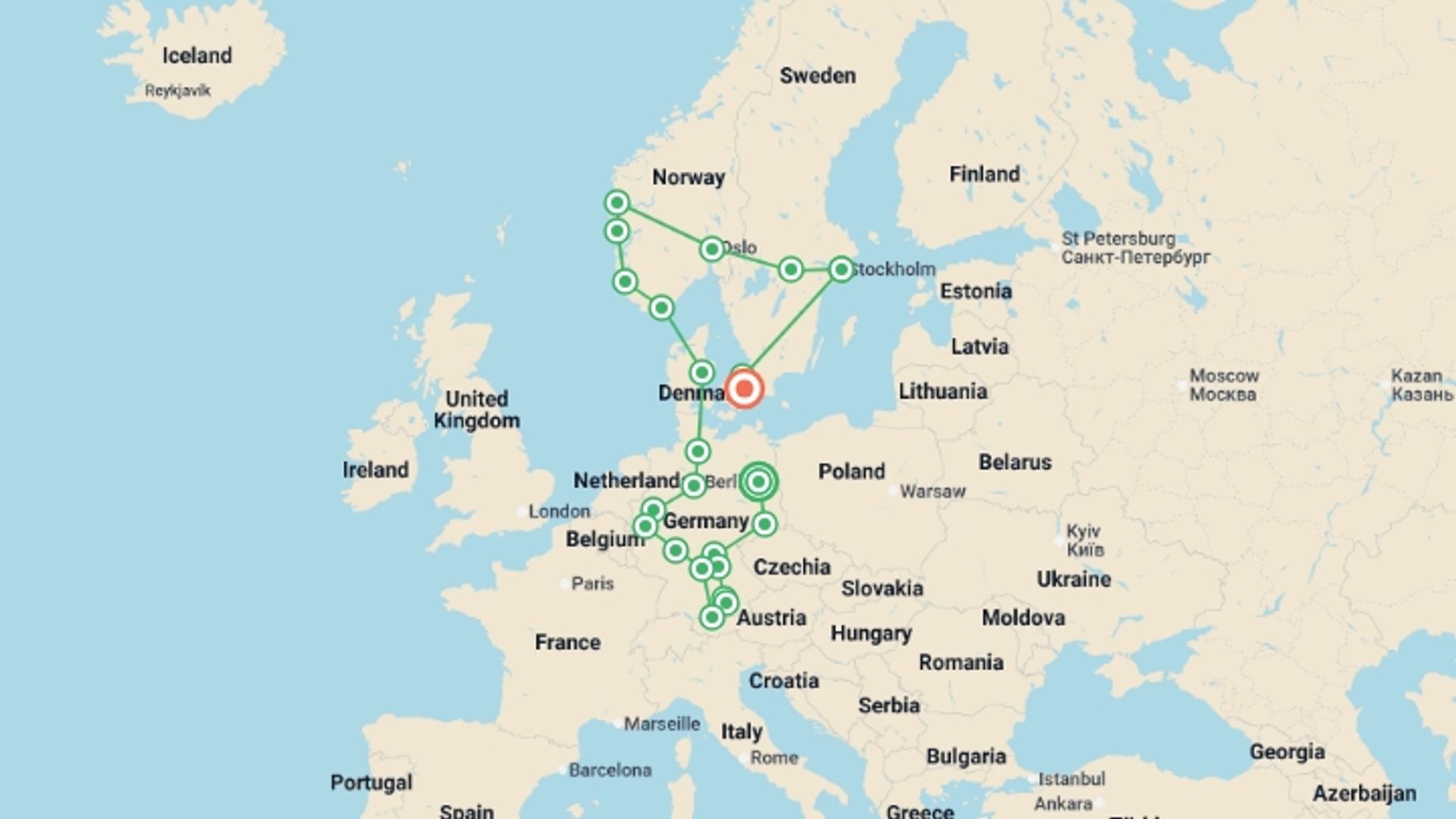 A map showing the tour itinerary for the trip: Germany and Scandinavia end Copenhagen, starting in Berlin, Germany and ending in Copenhagen, Denmark going through 10 other destinations.