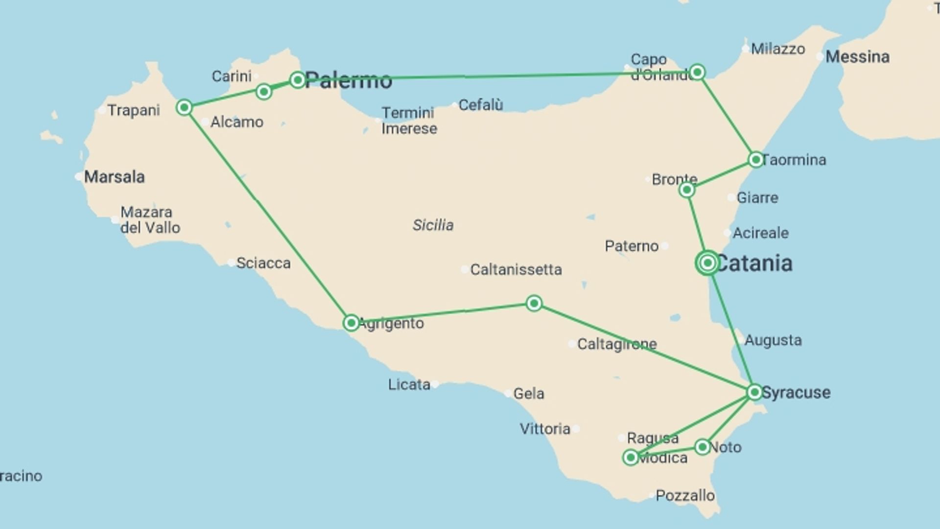 A map showing the tour itinerary for the trip: Best of Sicily - 8 days, starting in Catania, Italy and ending in Catania, Italy going through 4 other destinations.