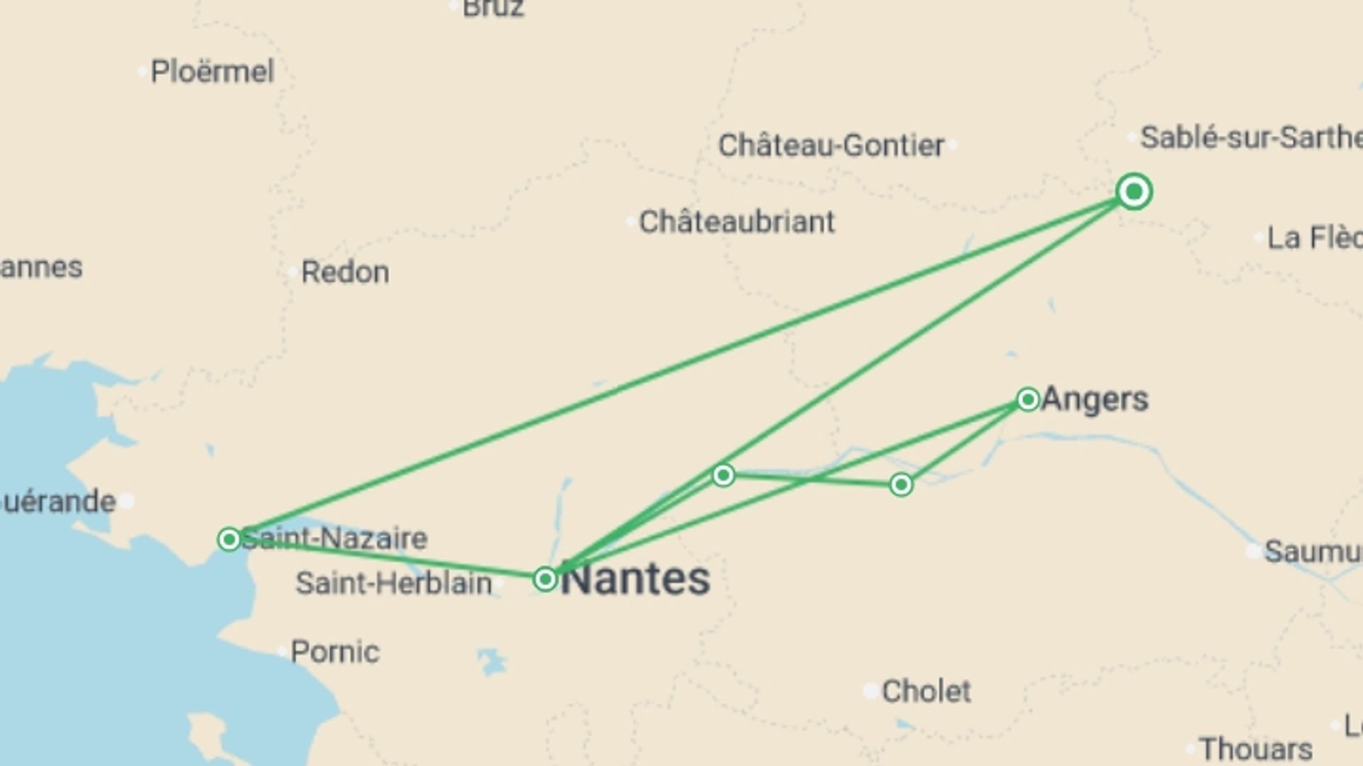 A map showing the tour itinerary for the trip: Christmas on the Loire (port-to-port cruise), starting in Pays de la Loire, France and ending in Pays de la Loire, France going through 5 other destinations.