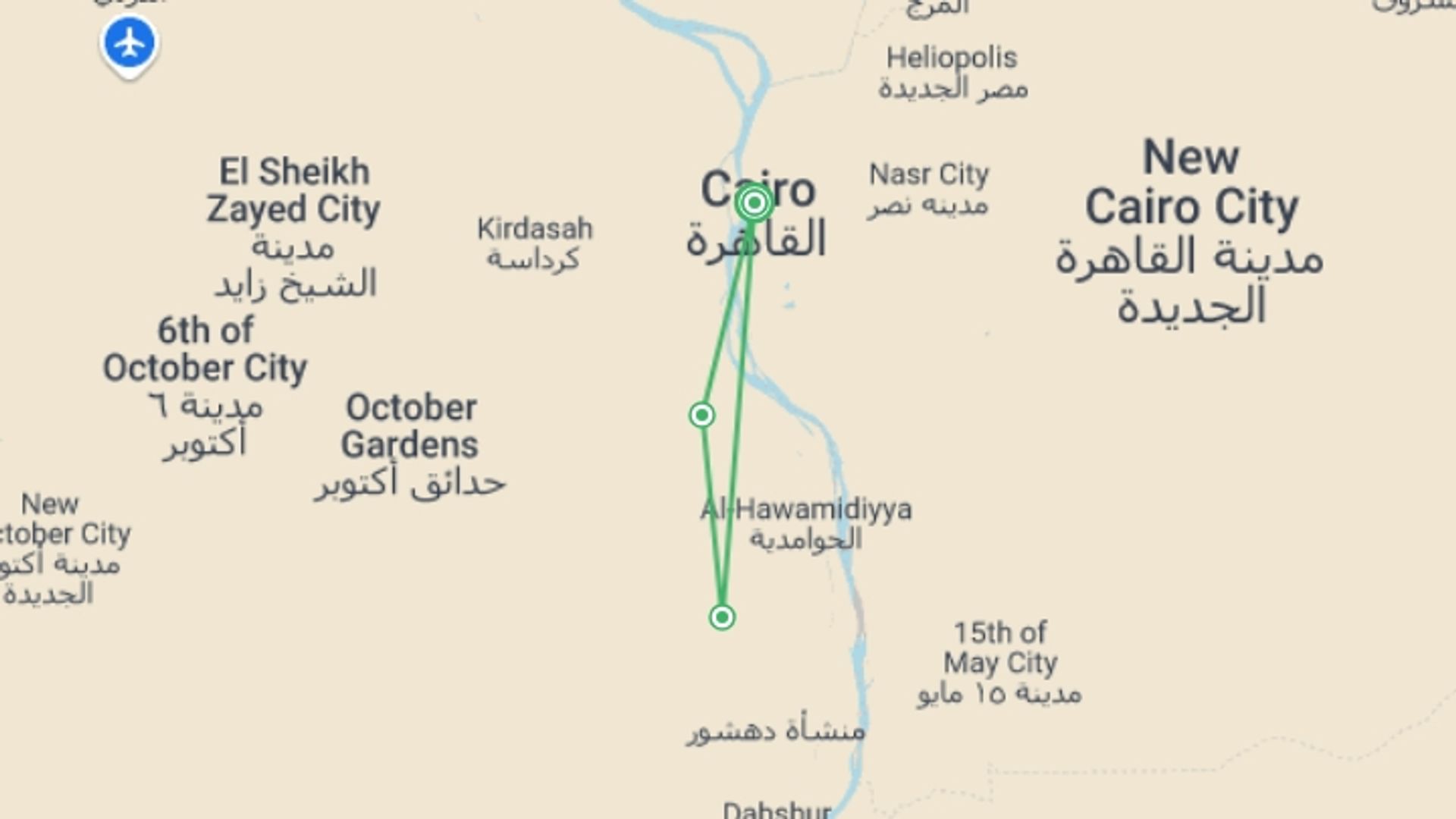 A map showing the tour itinerary for the trip: Cairo City Break Discover the Hidden Gem of Cairo, starting in Cairo, Egypt and ending in Cairo, Egypt going through 0 other destinations.
