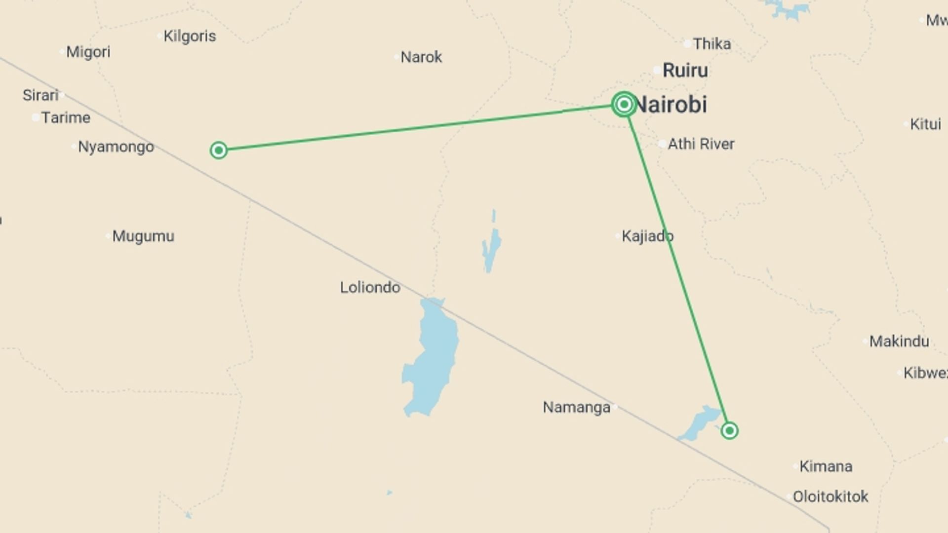 A map showing the tour itinerary for the trip: Kenya Safari 35 to 45, starting in Nairobi, Kenya and ending in Nairobi, Kenya going through 2 other destinations.