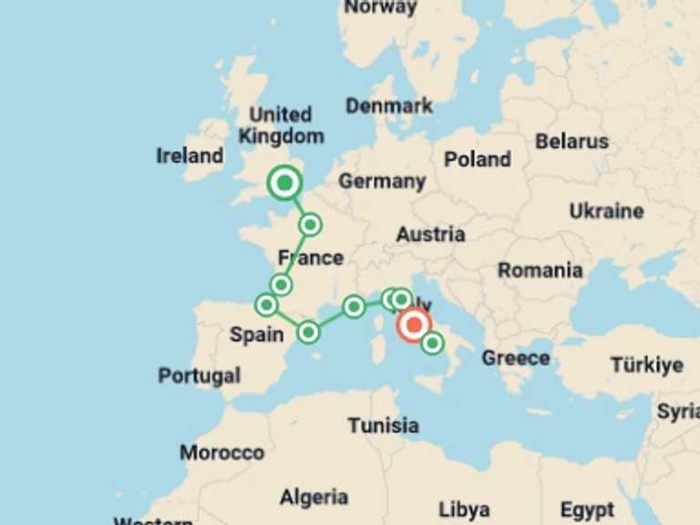 Map itinerary of Mediterranean Tour in March 2027 with 10 destination visits for the trip: London to Rome Quest