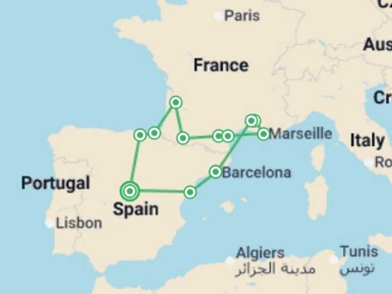 Map itinerary of Mediterranean Tour in September 2026 with 7 destination visits for the trip: Basque Country, Lourdes, Provence and Barcelona