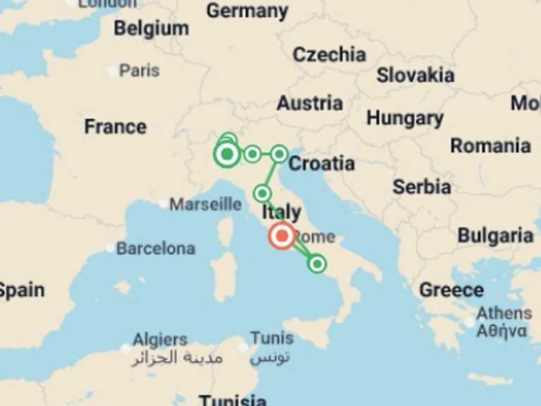 Map itinerary of Mediterranean Tour in May 2026 with 7 destination visits for the trip: Italian Glory