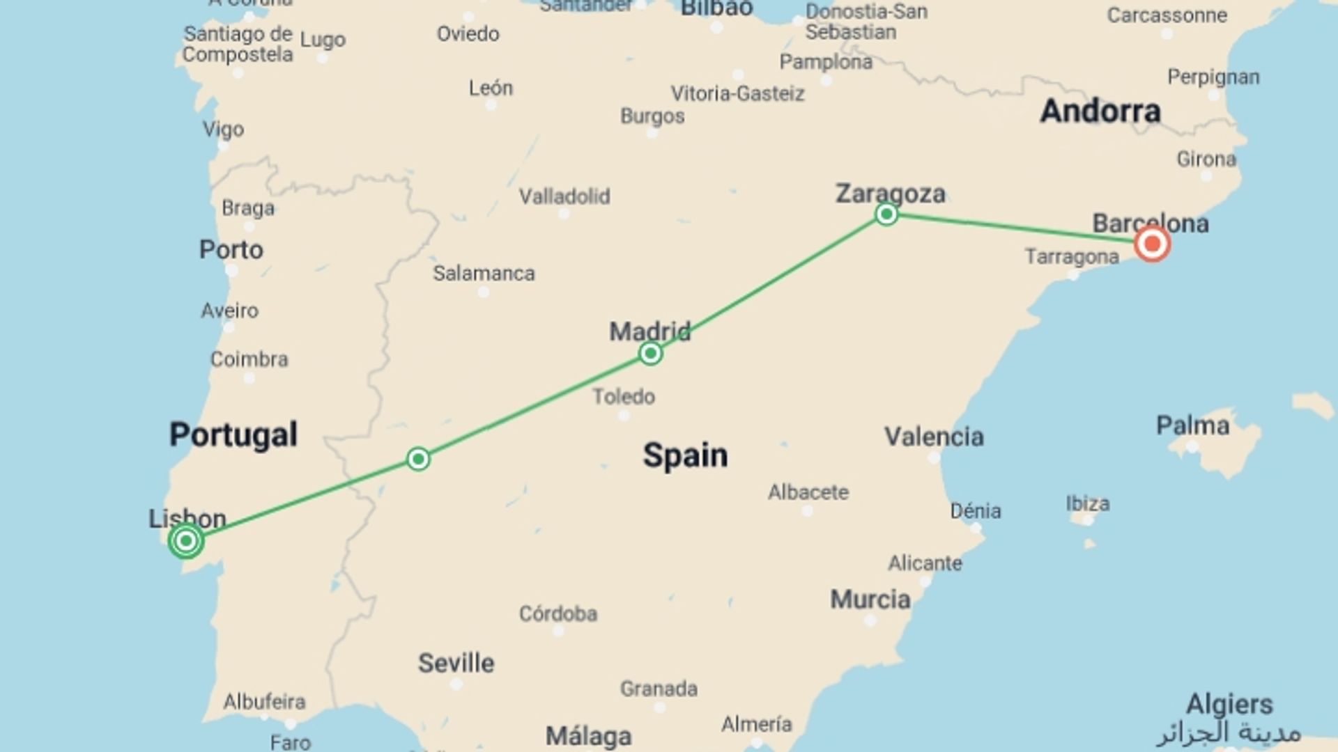 A map showing the tour itinerary for the trip: Lisbon, Madrid and Barcelona, starting in Lisbon, Portugal and ending in Barcelona, Spain going through 1 other destinations.