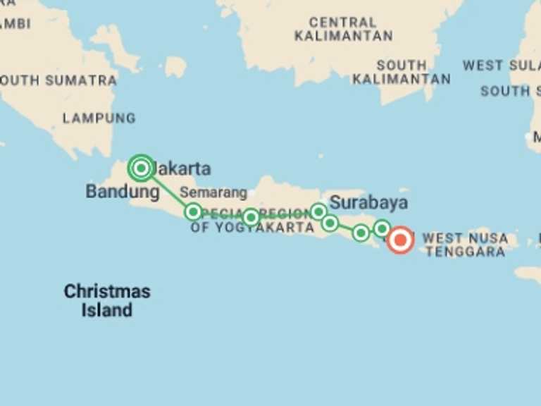 Map of a Museum and gallery visits Tour with 8 destination visits for the trip: Jakarta to Ubud