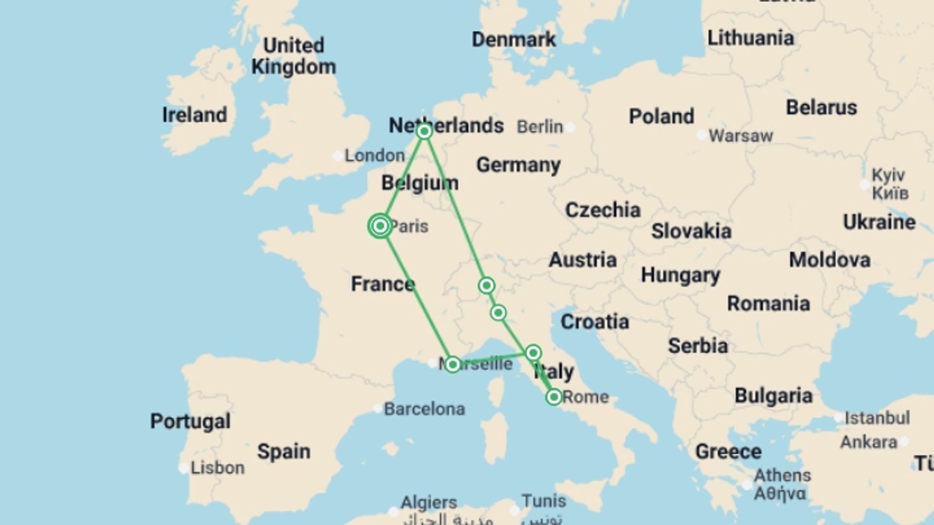 A map showing the tour itinerary for the trip: Central & Western Europe: Main Cities & More, starting in Paris, France and ending in Paris, France going through 7 other destinations.