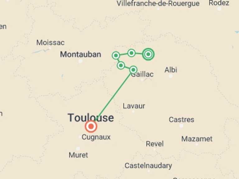 Map of a Walking Tour with 6 destination visits for the trip: Hill Top Villages of  Medieval Tarn