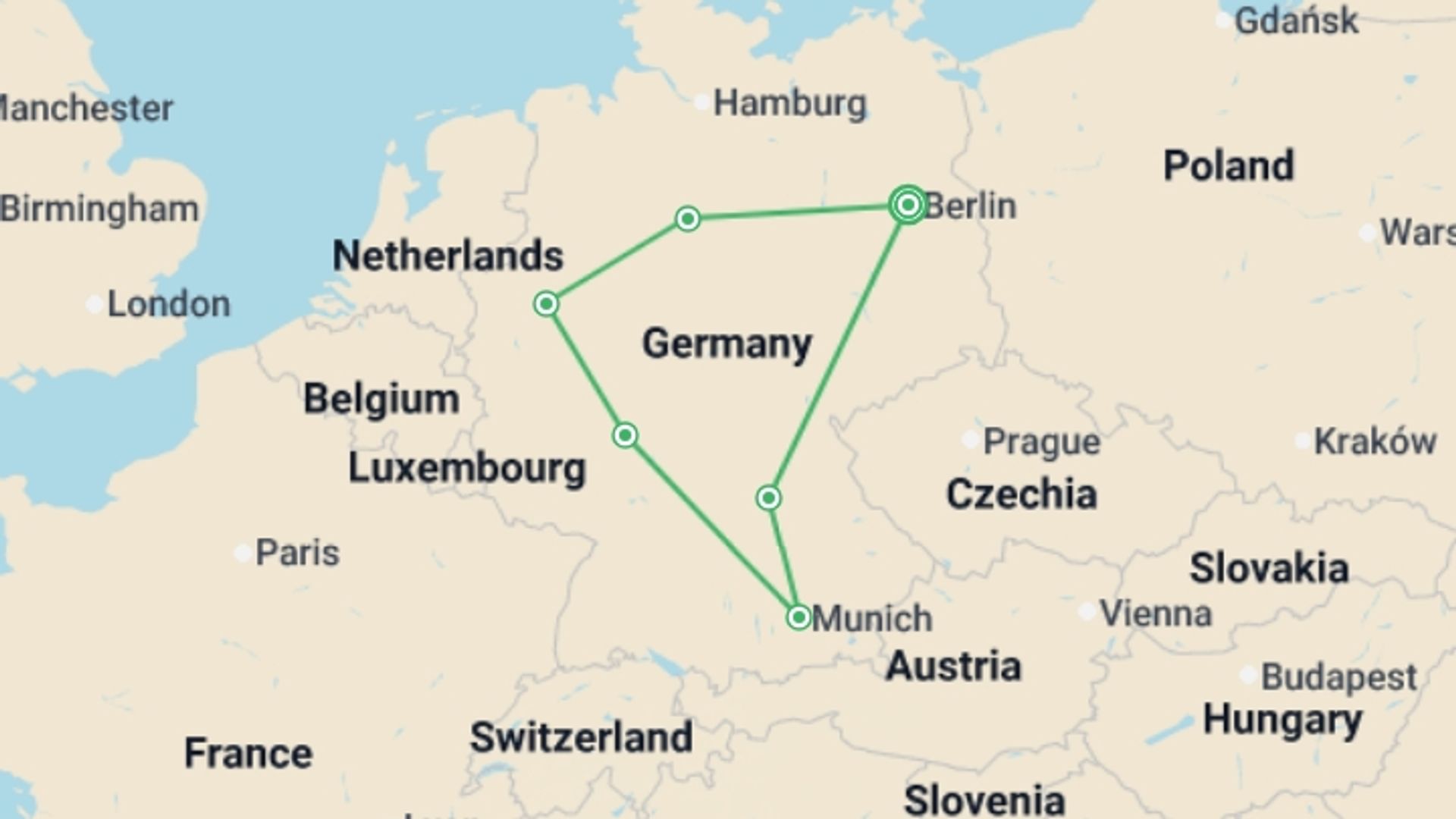 A map showing the tour itinerary for the trip: Germany´s Best, starting in Berlin, Germany and ending in Berlin, Germany going through 5 other destinations.