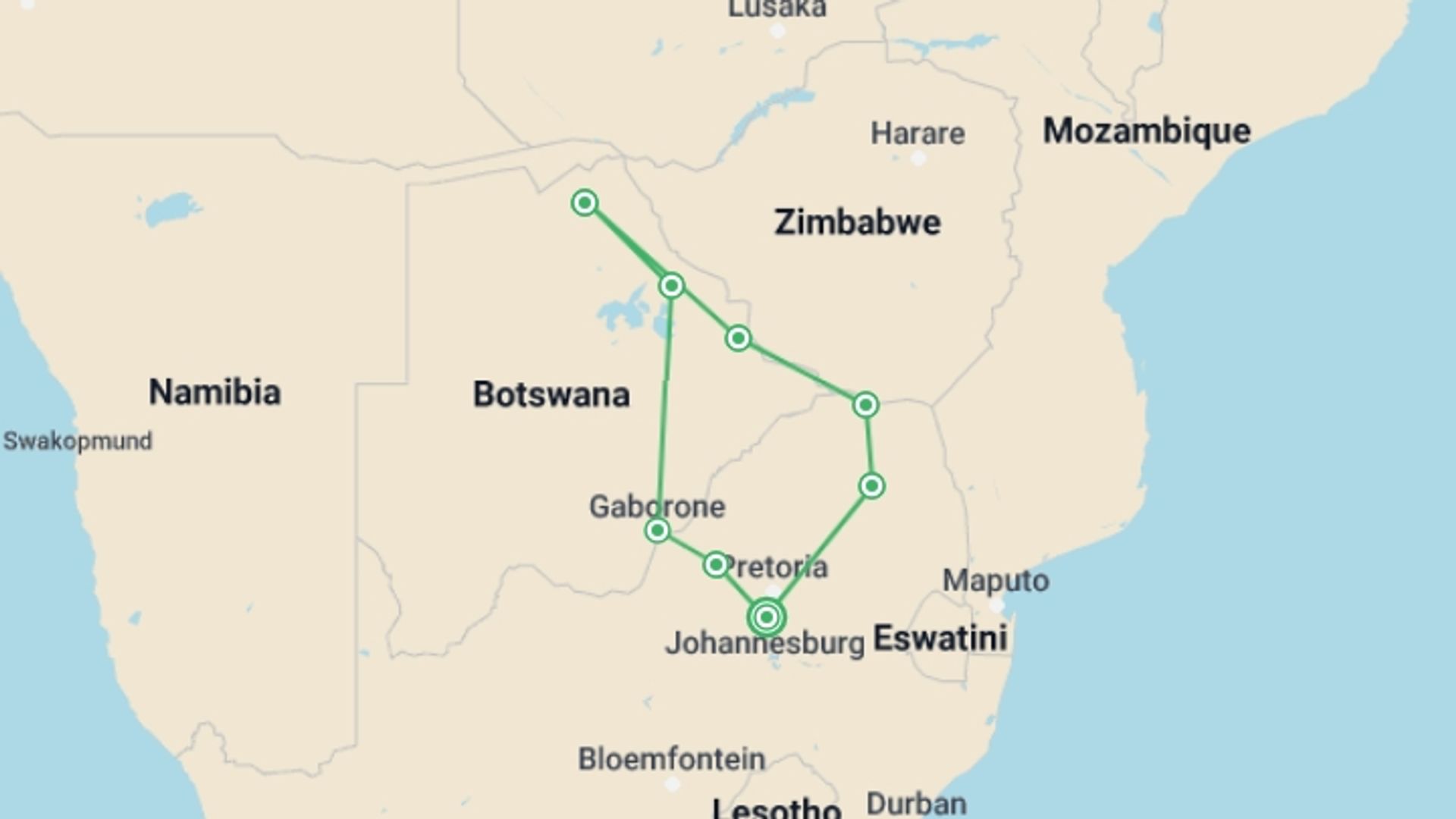A map showing the tour itinerary for the trip: South Africa & Botswana Self-driving Trip, starting in Johannesburg, South Africa and ending in Johannesburg, South Africa going through 8 other destinations.