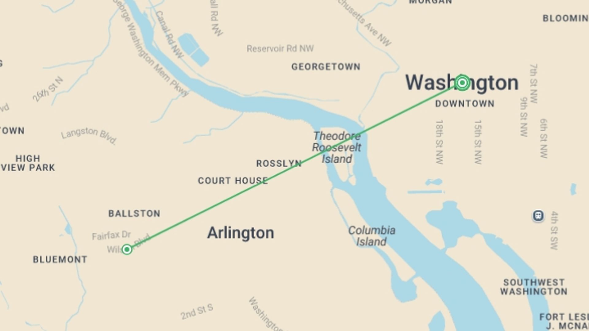 A map showing the tour itinerary for the trip: Spotlight on Washington, D.C. Exploring America's Capital, starting in Washington D.C., USA and ending in Washington D.C., USA going through 1 other destinations.