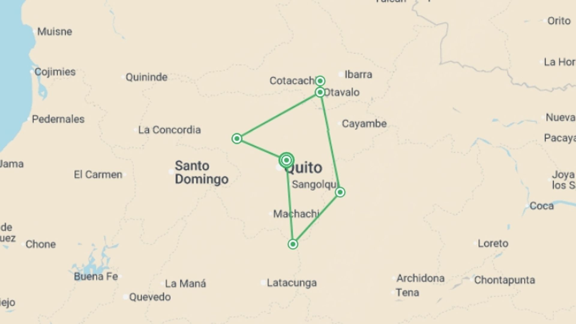 A map showing the tour itinerary for the trip: Ecuador Explorer - 7 days, starting in Quito, Ecuador and ending in Quito, Ecuador going through 3 other destinations.