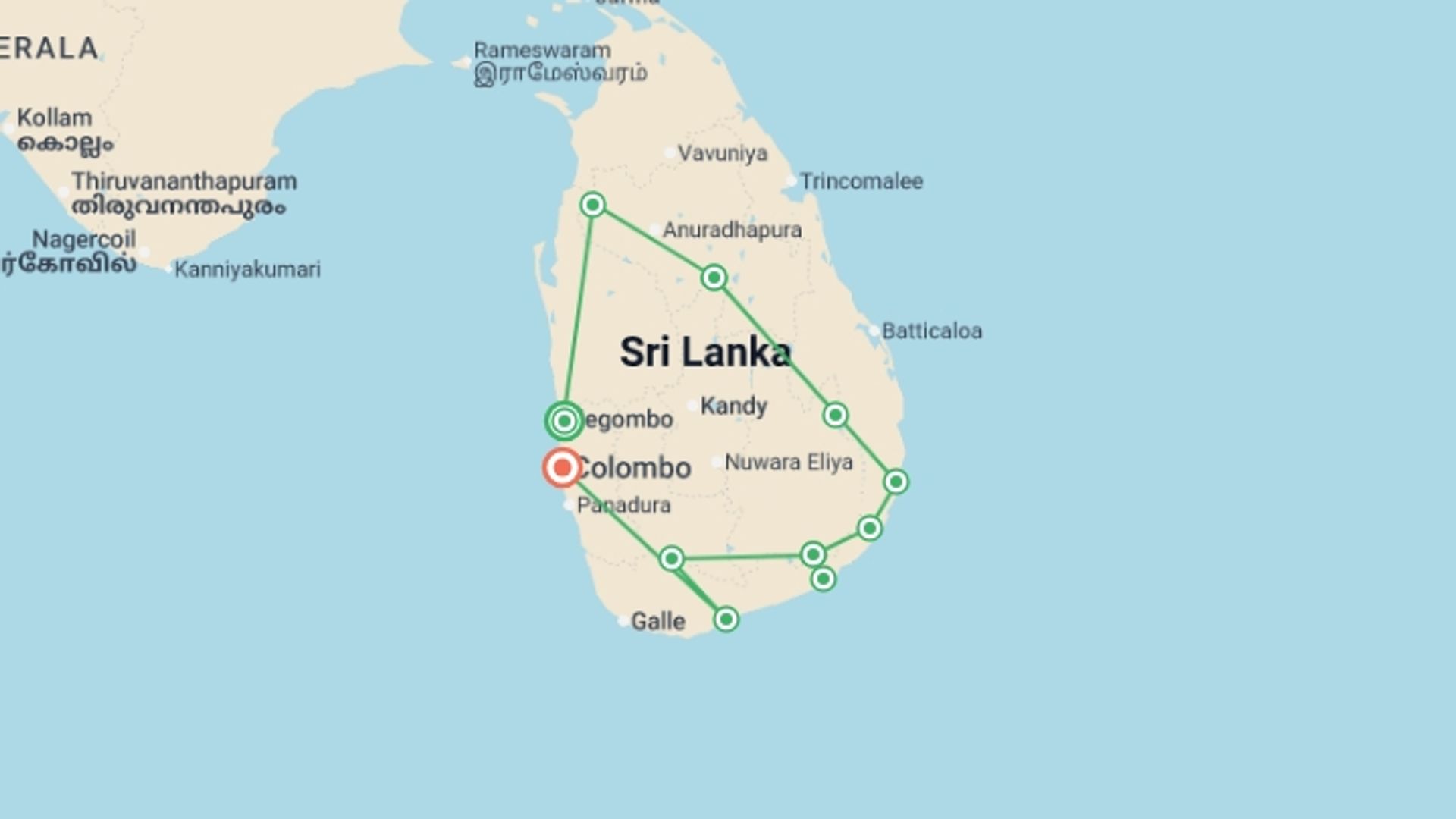 A map showing the tour itinerary for the trip: Sri Lanka Safari, starting in Negombo, Sri Lanka and ending in Colombo, Sri Lanka going through 7 other destinations.
