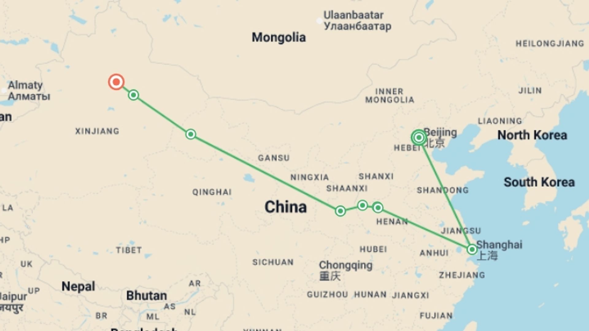 A map showing the tour itinerary for the trip: Silk Road: Mountains and Oasis, starting in Beijing, China and ending in Urumqi, china going through 5 other destinations.