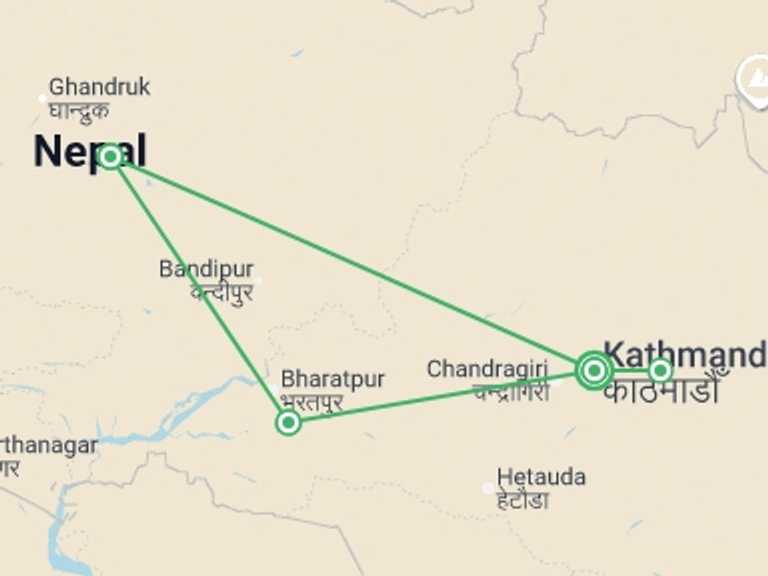 Map of Asia Tour with 4 destination visits for the trip: Spirit Of Nepal: Heritage, Wildlife & Mountain Beauty, French-speaking Guide, Private Tour