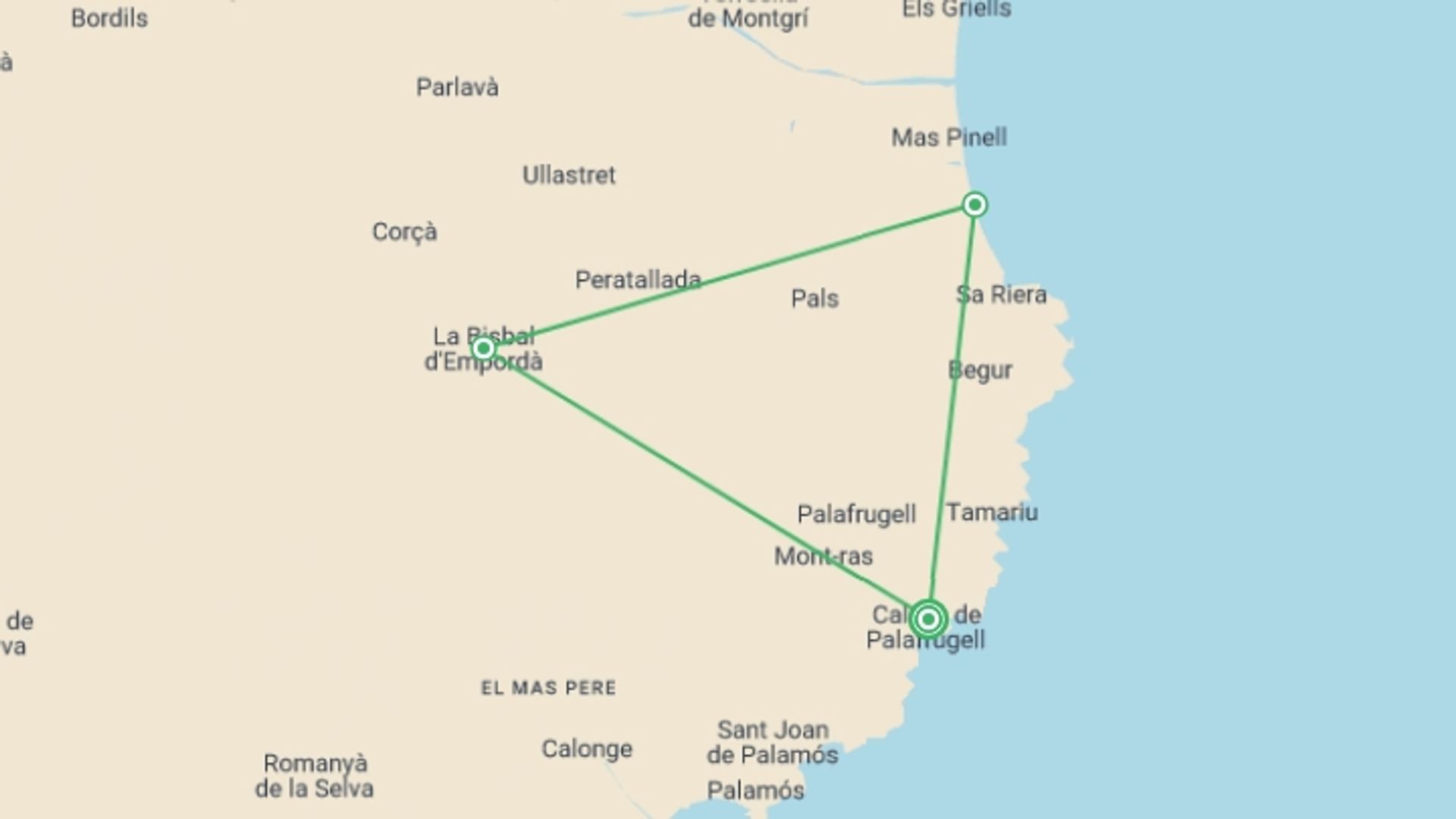 A map showing the tour itinerary for the trip: Contrasts of Catalonia (Catalunya) Cycling, starting in Calella De Palafrugell, Spain and ending in Calella De Palafrugell, Spain going through 3 other destinations.