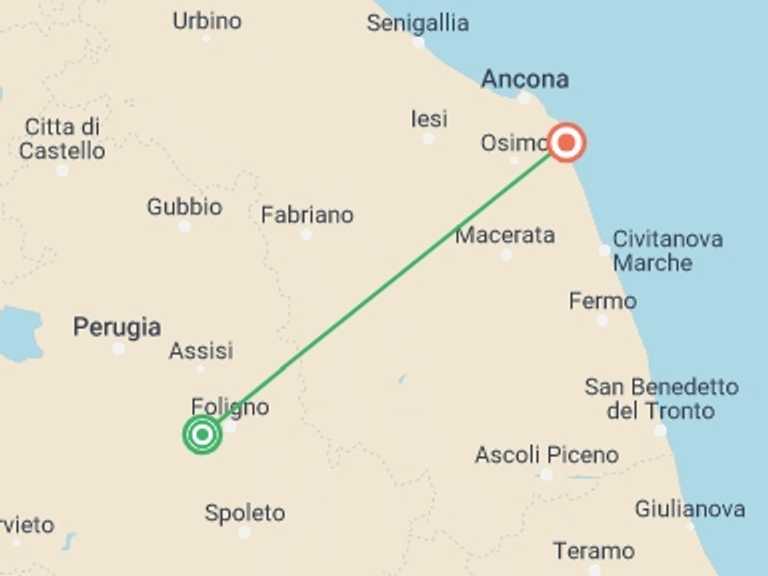 Map of 7-Day Italy Tour with 5 destination visits for the trip: Unseen Central Italy: Marche Explorer