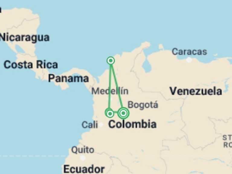 Map of South America Tour with 5 destination visits for the trip: Colombian Sunny Short-Break