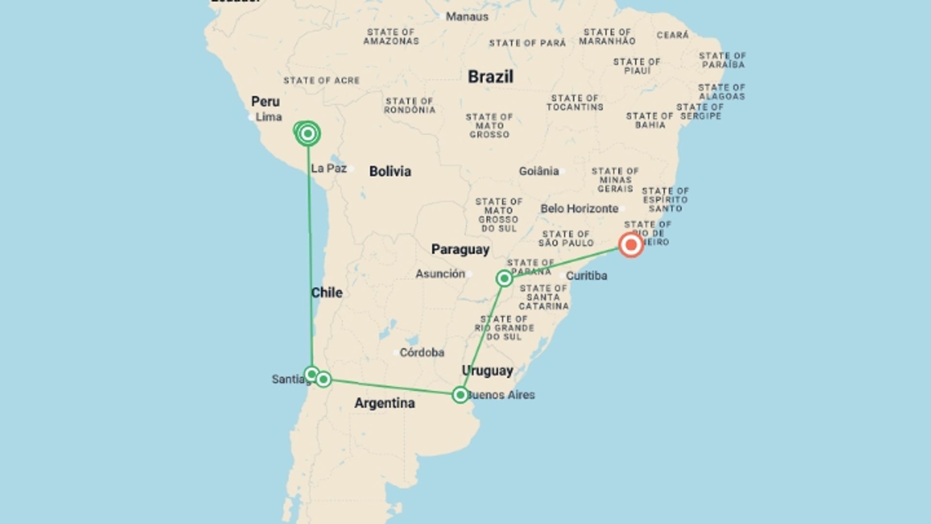 A map showing the tour itinerary for the trip: 18 Days Couple getaway to South America, starting in Cusco, Peru and ending in Rio de Janeiro, Brazil going through 8 other destinations.