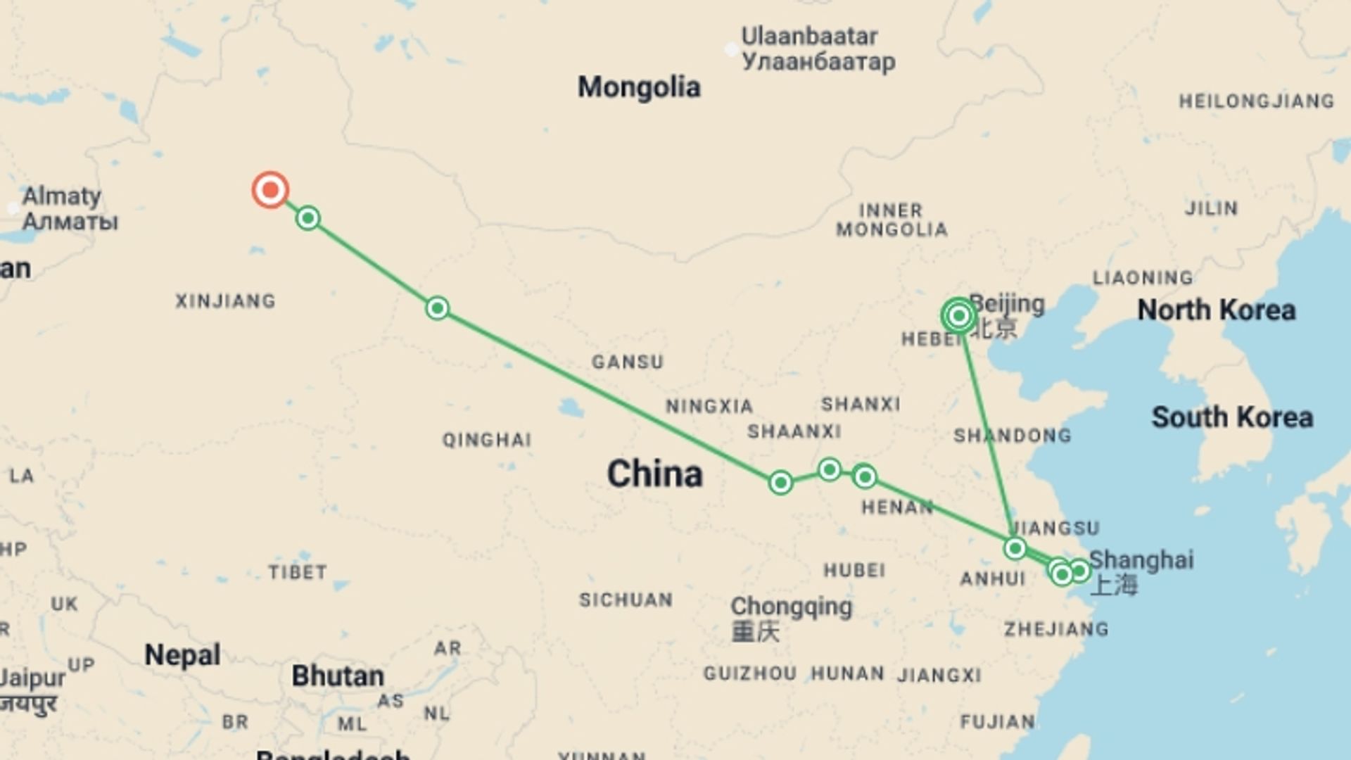 A map showing the tour itinerary for the trip: Exploring the Silk Road, starting in Beijing, China and ending in Urumqi, china going through 6 other destinations.