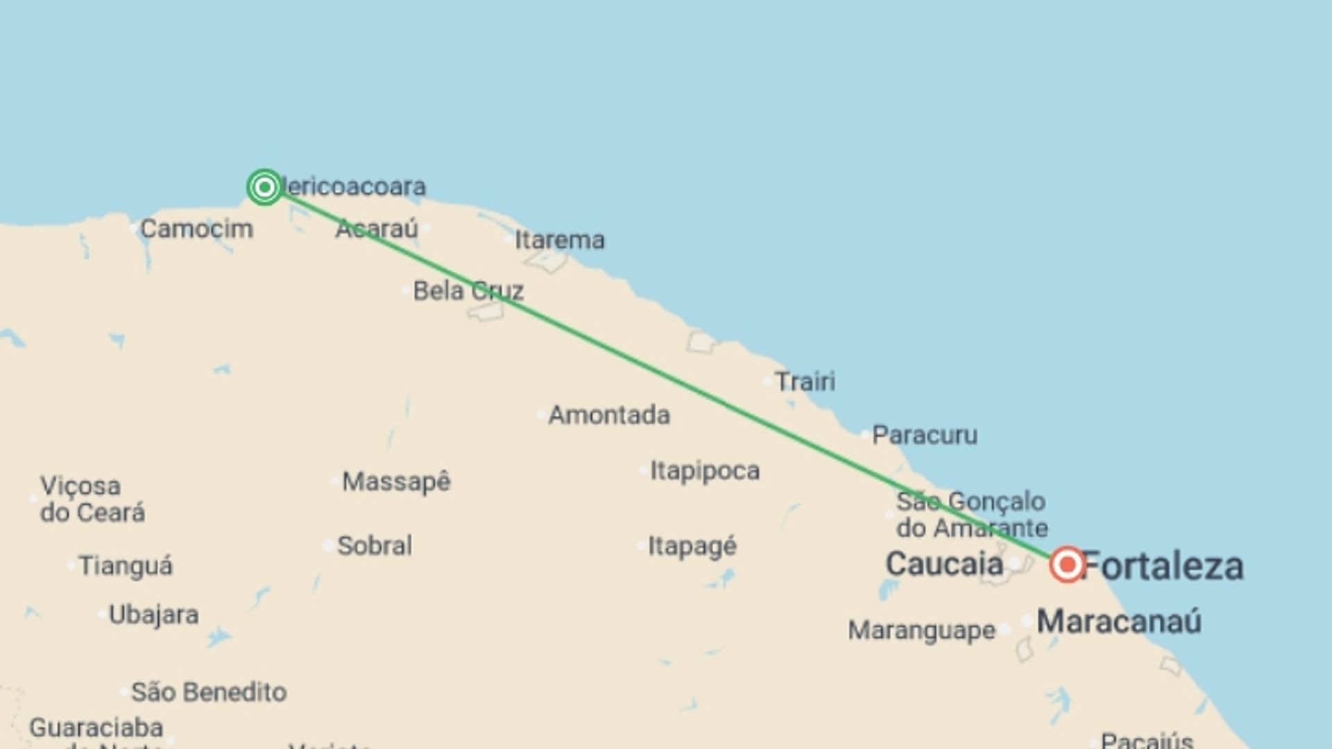 A map showing the tour itinerary for the trip: Jericoacoara Sand Dunes Adventure 4D/3N, starting in Ceará, Brazil and ending in Fortaleza, Brazil going through 1 other destinations.