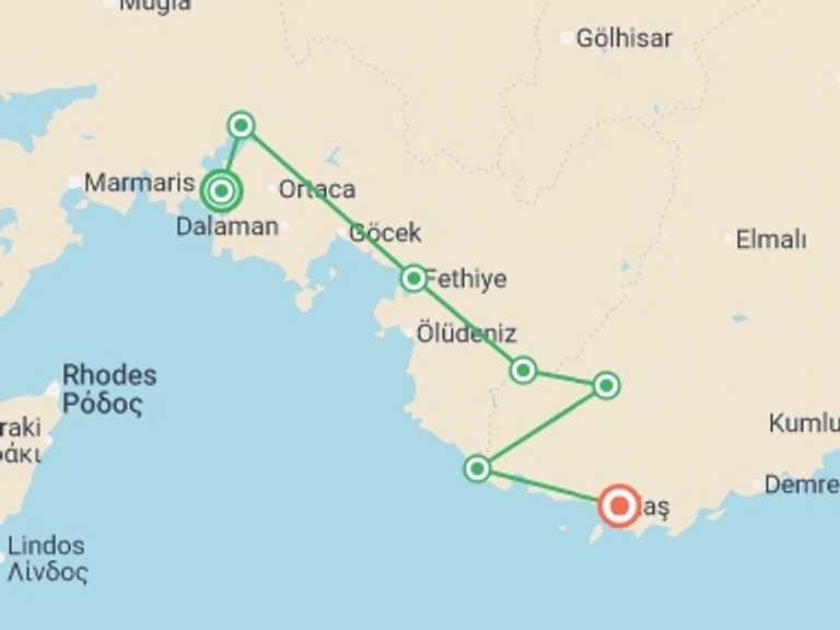 Map itinerary of Turkey Tour in Fall with 7 destination visits for the trip: Cycle Turkey
