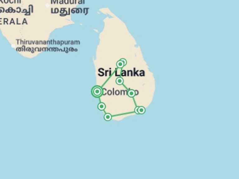Map itinerary of Sri Lanka Tour in March 2027 with 7 destination visits for the trip: Best Of Sri Lanka 10 Days, Private Tour