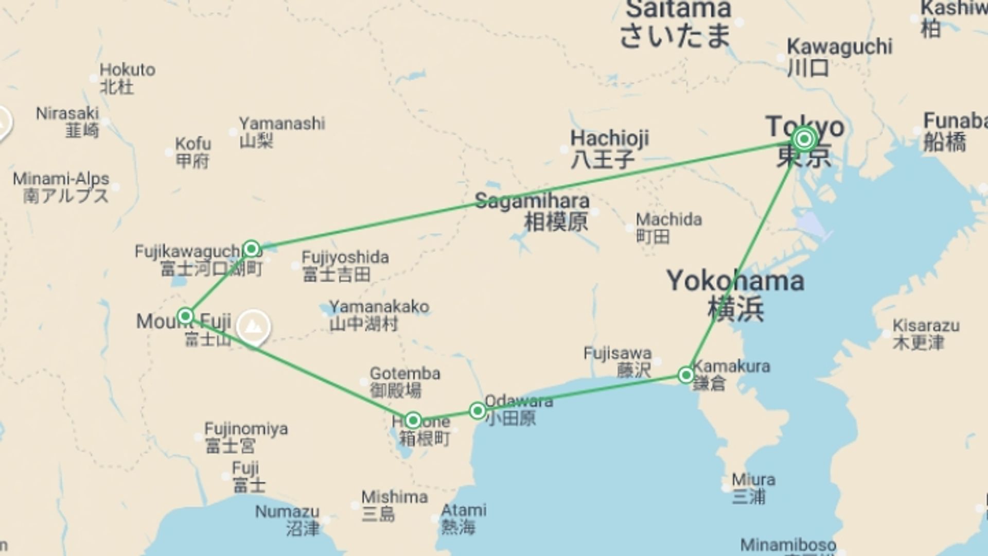A map showing the tour itinerary for the trip: Discovering Kamakura and Mount Fuji, starting in Tokyo, Japan and ending in Tokyo, Japan going through 1 other destinations.