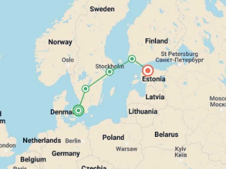 Map itinerary of Tallinn Tour in Fall with 5 destination visits for the trip: Jewels of Scandinavia End Tallinn