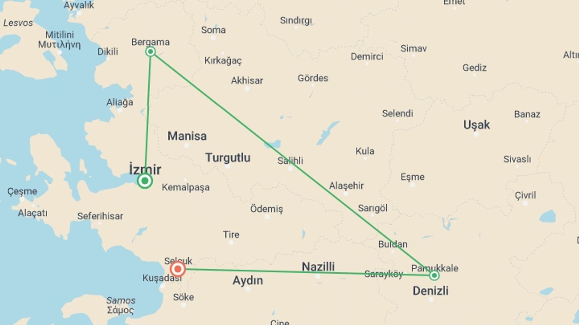 A map showing the tour itinerary for the trip: 4-days Seven Churches Of Revelation, starting in Izmir, Turkey and ending in Ephesus, Turkey going through 5 other destinations.