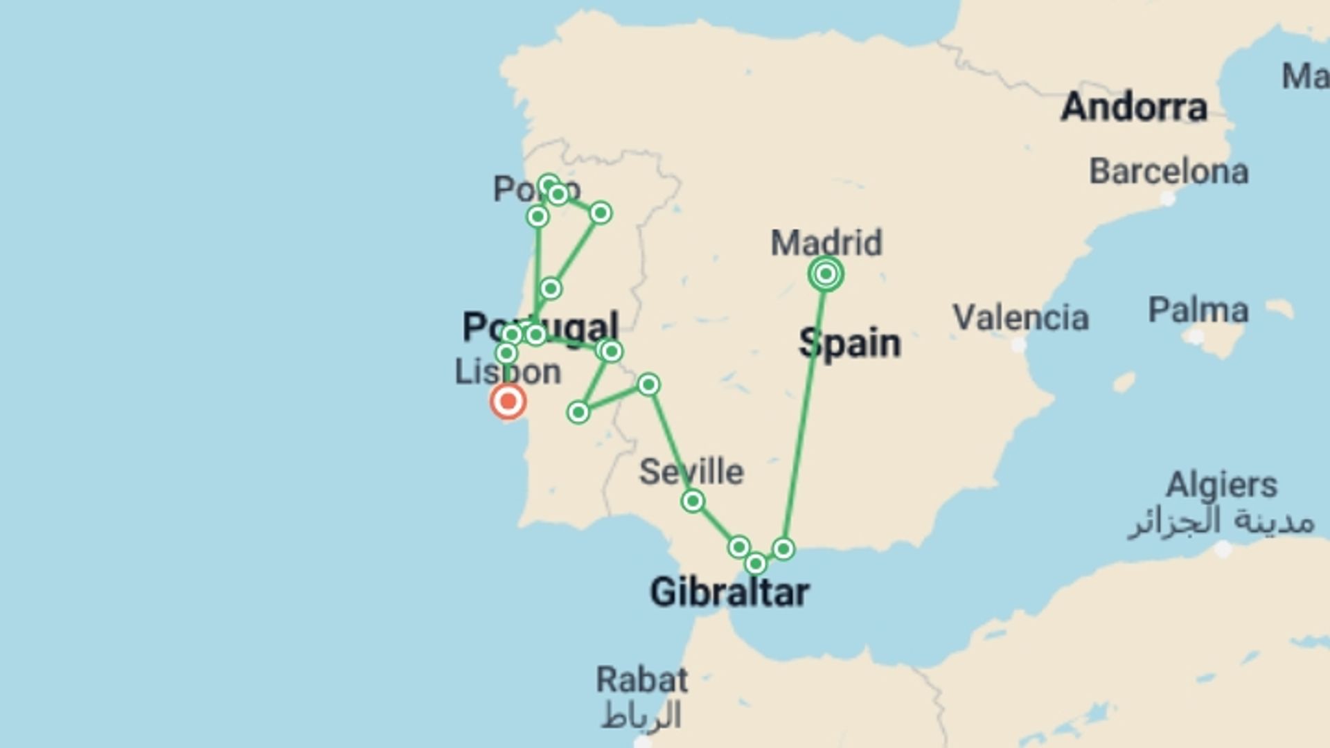 A map showing the tour itinerary for the trip: Andalusia and Portugal completely, starting in Madrid, Spain and ending in Lisbon, Portugal going through 5 other destinations.